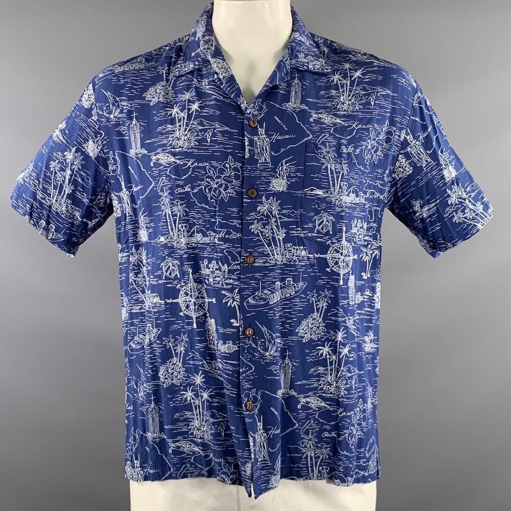 TWO PALMS Size L Blue White Graphic Rayon Camp Short Sleeve Shirt